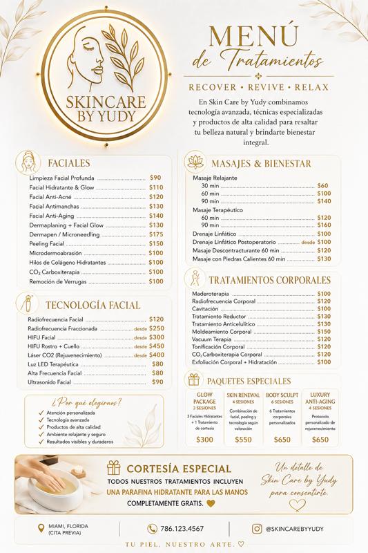 Menú de tratamientos y precios de Skincare by Yudi